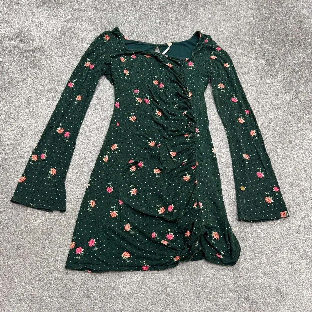 Free People Floral Polka Dot Ruched Long Sleeve Mini Dress Womens Small Green